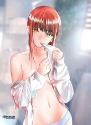Rule 34 | absurdres, aishcream24, biting, biting clothes, breasts, chainsaw man, highres, long sleeves, makima (chainsaw man), medium breasts, panties, underwear