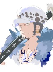 1boy black_hair blue_cape cape chest_tattoo close-up closed_mouth earrings facial_hair fur-trimmed_cape fur_trim goatee hat holding holding_sword holding_weapon jewelry male_focus one_piece raine_(acke2445) simple_background solo sword tattoo trafalgar_law weapon white_background