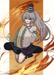 Rule 34 | 1girl, black hat, black skirt, commentary, fire, full body, grey eyes, hands in opposite sleeves, hat, highres, japanese clothes, kariginu, long sleeves, looking at viewer, mononobe no futo, open mouth, orange background, pipita, ribbon-trimmed sleeves, ribbon trim, skirt, smile, solo, tate eboshi, touhou, wide sleeves