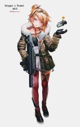 Rule 34 | 1girl, absurdres, ammunition pouch, black-framed eyewear, black dress, black footwear, black gloves, bsapricot, camouflage, camouflage jacket, choker, collarbone, commentary, dress, ear piercing, earrings, emoticon, english commentary, explosive, eyewear on head, full body, girls&#039; frontline, gloves, grenade, grey background, gun, hair ornament, hairclip, half-closed eyes, head tilt, highres, holding, holding gun, holding weapon, jacket, jewelry, light brown hair, long sleeves, one side up, open clothes, open jacket, orange-tinted eyewear, original, pantyhose, parted lips, piercing, pouch, purple eyes, rabbit head, red choker, red thighhighs, shoes, short hair, simple background, single leg pantyhose, single thighhigh, smile, solo, standing, sunglasses, suppressor, thighhighs, tinted eyewear, weapon, weapon request, white dress