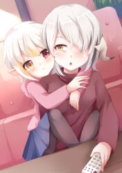 Rule 34 | 2girls, :t, absurdres, blonde hair, blue skirt, cheek-to-cheek, commentary request, controller, hair over one eye, heads together, heterochromia, highres, holding, holding remote control, hug, leg lock, light blush, long sleeves, looking at another, multicolored hair, multiple girls, nyxerebos, one eye covered, open mouth, original, pink sweater, pleated skirt, pointy ears, red eyes, red shirt, remote control, shirt, short hair, siblings, sisters, sitting, skirt, star (symbol), streaked hair, sweater, turtleneck, white hair, yellow eyes