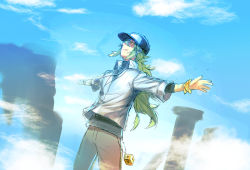 Rule 34 | 10s, 1boy, baseball cap, cloud, creatures (company), day, game freak, green hair, hat, jewelry, kitsune n, long hair, male focus, n (pokemon), necklace, nintendo, outstretched arms, pokemon, pokemon bw2, rock, sky, solo, wind, wristband