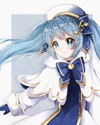 Rule 34 | 1girl, beret, blue bow, blue bowtie, blue eyes, blue hair, blue mittens, blue tabard, bow, bowtie, braid, capelet, commentary, dress, fortissimo, fur-trimmed capelet, fur trim, gold trim, hair bow, hair ornament, hairclip, hat, hatsune miku, highres, light blue hair, light smile, long hair, looking at viewer, mittens, musical note, musical note hair ornament, snowflake print, snowflakes, solo, tabard, twintails, upper body, very long hair, vocaloid, white capelet, white dress, white hat, yuki (yuki no 42), yuki miku, yuki miku (2021)