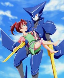 Rule 34 | 1boy, 1girl, arm blade, arm cannon, armor, asagi marin, barefoot, blue sky, bow, brigadoon, brown hair, carrying, colored skin, eye contact, glasses, green eyes, grey skin, hair bow, looking at another, melan blue, o.u (is337 11), outdoors, overall skirt, pink shirt, princess carry, red bow, red eyes, shirt, short ponytail, sky, weapon
