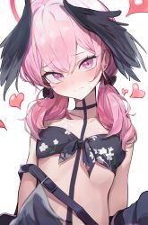 Rule 34 | 1girl, absurdres, bare arms, bare shoulders, bikini, black bikini, black wings, blanc (whit blanc), blue archive, blush, breasts, closed mouth, floral print, hair between eyes, halo, head wings, heart, highres, koharu (blue archive), koharu (swimsuit) (blue archive), long hair, looking at viewer, low twintails, official alternate costume, pink eyes, pink hair, print bikini, red halo, simple background, small breasts, solo, swimsuit, twintails, upper body, white background, wings