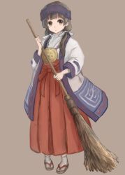 Rule 34 | 1girl, ainu clothes, amayadori machi, bad id, bad pixiv id, blunt bangs, broom, brown background, brown eyes, brown hair, closed mouth, coat, commentary request, full body, hair ribbon, hakama, hakama skirt, headband, highres, holding, holding broom, japanese clothes, kumamiko, long hair, long sleeves, looking at viewer, low twintails, medallion, miko, overcoat, red hakama, ribbon, rokojii, sandals, simple background, skirt, solo, standing, tabi, tareme, twintails, white legwear, white ribbon, zouri