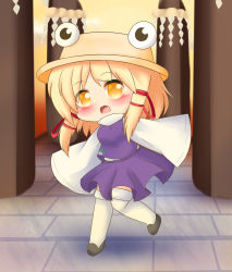 Rule 34 | 1girl, arms up, black footwear, blonde hair, blurry, blurry background, blush, chibi, commentary, full body, hair between eyes, hat, high collar, highres, leaning to the side, long sleeves, looking at viewer, moriya suwako, onbashira, open mouth, outdoors, over-kneehighs, purple skirt, purple vest, pyonta, rope, sett, shide, shimenawa, shirt, short hair, sidelocks, skirt, sleeves past fingers, sleeves past wrists, smile, standing, standing on one leg, stone floor, thighhighs, touhou, twilight, vest, white shirt, white thighhighs, wide sleeves, yairenko, yellow eyes