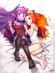 Rule 34 | 2girls, ahoge, ass, bare legs, bare shoulders, barefoot, bed sheet, black legwear, blush, breasts, cleavage, closed mouth, collarbone, colored skin, commentary request, demon girl, demon horns, demon wings, dragon girl, dragon horns, dragon tail, dress, earrings, feet, flame-tipped tail, forehead jewel, full body, hands up, highres, holding hands, horns, jewelry, long hair, looking at viewer, low wings, lying, medium breasts, ming (mg), multiple girls, no shoes, on side, open mouth, orange hair, original, overlord (overlord80000), pointy ears, purple hair, purple skin, red eyes, short dress, signature, smile, strap slip, tail, thighhighs, wings, wristband, yong (mg)