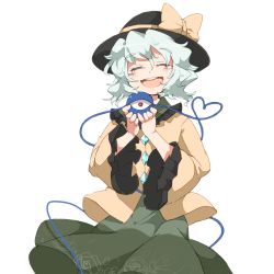 Rule 34 | 1girl, blush, bow, closed eyes, crying, crying with eyes open, eyebrows, female focus, green hair, hair between eyes, happy tears, hat, hat bow, heart, heart of string, iroyopon, komeiji koishi, open mouth, short hair, simple background, skirt, solo, tears, thick eyebrows, third eye, touhou, white background