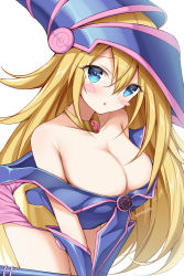 Rule 34 | 1girl, absurdres, bare shoulders, bent over, blonde hair, blue eyes, blush stickers, breasts, cleavage, cowboy shot, dark magician girl, duel monster, hat, highres, irokari, large breasts, long hair, looking at viewer, parted lips, pentacle, simple background, solo, star-shaped pupils, star (symbol), symbol-shaped pupils, wand, white background, wizard hat, yu-gi-oh!