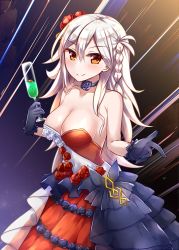 Rule 34 | 1girl, bare shoulders, black gloves, blush, braid, breasts, brown eyes, champagne flute, choker, cleavage, collarbone, commentary request, cup, dress, drinking glass, fate/grand order, fate (series), flower, gloves, hair between eyes, hair flower, hair ornament, holding, holding cup, large breasts, long hair, looking at viewer, multicolored clothes, multicolored dress, ohitashi netsurou, olga marie animusphere, olga marie animusphere (afternoon party), purple choker, rose, side braid, smile, solo, white hair