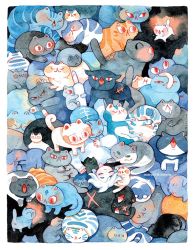Rule 34 | animal ears, animal focus, black fur, blue fur, blush, cat, cat ears, cat tail, closed eyes, closed mouth, grey fur, maruti bitamin, open mouth, original, red pupils, sitting, sleeping, slit pupils, striped fur, tail, too many, too many cats, white fur
