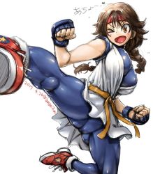 Rule 34 | 1girl, amania orz, braid, breasts, brown eyes, brown hair, cleavage, dated, dougi, fingerless gloves, gloves, headband, large breasts, long hair, looking at viewer, muscular, muscular female, open mouth, ryuuko no ken, shoes, simple background, single braid, smile, sneakers, solo, spandex, the king of fighters, thighs, twitter username, white background, yuri sakazaki