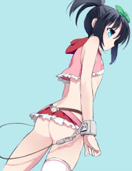Rule 34 | 1girl, ass, ass cutout, belt, black hair, blue background, blue eyes, bottomless, bow, casual, chain, clothing cutout, cuffs, flat chest, frilled skirt, frills, from side, hair bow, hip vent, hood, hoodie, itsumi (itumiyuo), kunihiro hajime, microskirt, no bra, no panties, ponytail, revealing clothes, saki (manga), short hair, simple background, single thighhigh, skirt, sleeveless, solo, standing, thighhighs