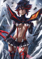 Rule 34 | 1girl, absurdres, artsbycarlos, black hair, blue eyes, boots, breasts, closed mouth, commentary, english commentary, gloves, hair between eyes, highres, holding, holding weapon, kill la kill, matoi ryuuko, microskirt, multicolored hair, navel, pleated skirt, red hair, revealing clothes, scissor blade (kill la kill), senketsu, short hair, skirt, solo, streaked hair, suspenders, thigh boots, thighhighs, two-tone hair, underboob, weapon