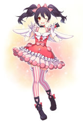 Rule 34 | 10s, 1girl, ;d, black hair, blush, bow, choker, double m/, dress, gloves, hair bow, looking at viewer, love live!, love live! school idol festival, love live! school idol project, m/, nico nico nii, one eye closed, open mouth, orange eyes, red dress, short hair, skirt, smile, solo, striped clothes, striped thighhighs, thighhighs, twintails, vertical-striped clothes, vertical-striped thighhighs, white gloves, wink, yazawa nico, yeni