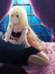 Rule 34 | 1girl, bed, bed sheet, blonde hair, blue eyes, blush, bow, bra, head rest, curtains, eyeshadow, lily (vocaloid), lingerie, long hair, makeup, nicarali, night, night sky, off shoulder, pillow, ribbon, skirt, sky, solo, star (sky), strap slip, underwear, vocaloid, window
