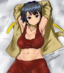 Rule 34 | 1girl, abs, absurdres, armpits, arms up, bike shorts, black hair, bra, breasts, brown eyes, choker, cleavage, cowboy shot, dougi, expressionless, highres, large breasts, looking at viewer, makoto (street fighter), midriff, navel, open mouth, red bra, red shorts, red sports bra, ribbon choker, short hair, shorts, shoshinsha, solo, sports bra, street fighter, street fighter iii (series), underwear
