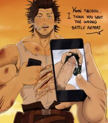 Rule 34 | 1boy, accidental pervert, bara, black clover, black hair, blood, blush, bolloxxxz, bruise, cigarette, commission, cowboy shot, cuts, embarrassed, english text, facial hair, goatee, highres, holding, holding phone, injury, large pectorals, leather belt, looking at viewer, male focus, male masturbation, male pubic hair, masturbation, mature male, muscular, muscular male, mustache, pectoral cleavage, pectorals, penis, phone, pov, pov hands, pubic hair, shirt, short hair, sideburns, smoking, solo focus, spiked hair, stubble, tank top, torn clothes, torn shirt, uncensored, veins, veiny arms, veiny penis, white tank top, wide-eyed, yami sukehiro