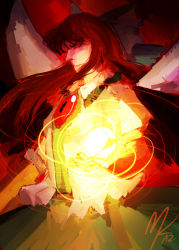 Rule 34 | 1girl, angry, bow, brown hair, faux traditional media, female focus, fire, from side, glowing, hair bow, kelbremdusk, long hair, reiuji utsuho, signature, sketch, solo, touhou