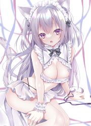 Rule 34 | 1girl, :o, animal ear fluff, animal ears, black bow, bow, breasts, cat ears, cat girl, cat tail, cleavage, comiket 102, commentary request, fang, feet out of frame, grey hair, hair between eyes, himemiya niina, long hair, looking at viewer, maid headdress, medium breasts, open mouth, original, purple eyes, solo, tail, two side up, very long hair, white background, wrist cuffs