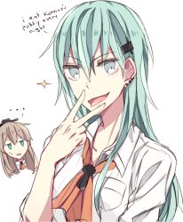 Rule 34 | ..., 10s, 2girls, bad anatomy, blue eyes, brown hair, collarbone, collared shirt, dress shirt, earclip, english text, eyebrows, green hair, hair between eyes, hair ornament, hairclip, jitome, kantai collection, kumano (kancolle), kvlen, long hair, looking at viewer, multiple girls, neckerchief, open mouth, shirt, simple background, sketch, sparkle, spoken ellipsis, suzuya (kancolle), sweatdrop, tongue, tongue out, upper body, v, white background, white shirt, wing collar