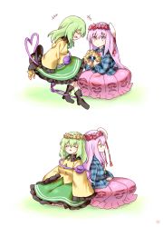 Rule 34 | 2girls, 2koma, :d, ^ ^, bad id, bad pixiv id, black footwear, black headwear, blue shirt, boots, bow, bowtie, cheunes, closed eyes, comic, commentary request, floating, flower, flower wreath, frilled sleeves, frills, green hair, green skirt, hat, hat bow, unworn hat, hata no kokoro, head wreath, unworn headwear, heart, heart of string, highres, komeiji koishi, long hair, long sleeves, looking at viewer, mask, mask on head, multiple girls, open mouth, petticoat, pink bow, pink flower, pink hair, pink neckwear, pink skirt, plaid, plaid shirt, profile, purple eyes, shirt, sidelocks, simple background, sitting, skirt, sleeping, smile, tassel, third eye, touhou, white background, wide sleeves, yellow bow, yellow flower, yellow shirt