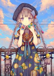 Rule 34 | 1girl, beret, blue eyes, blue sky, blush, bow, braid, cha goma, cloud, commentary request, day, dress, fence, food print, gem, grey hair, hair bow, hair ornament, hair ribbon, hat, highres, jewelry, lemon print, lens flare, long hair, looking at viewer, original, outdoors, puffy short sleeves, puffy sleeves, ribbon, ring, ring pop, short sleeves, sky, smile, solo, standing, twin braids, twintails, very long hair