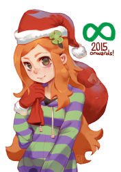 Rule 34 | 1girl, 4chan, 8chan, artist name, artist request, bags under eyes, blush, christmas, english text, freckles, green eyes, hair ornament, hat, highres, hood, hoodie, jpeg artifacts, long hair, looking at viewer, orange hair, sack, santa hat, sidelocks, simple background, smile, solo, striped clothes, striped hoodie, vivian james