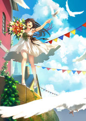 Rule 34 | 1girl, armpits, bird, blue skin, blurry, bouquet, brown eyes, brown hair, cloud, colored skin, day, depth of field, dress, flower, house, long hair, open mouth, original, outstretched arm, outstretched hand, pigeon, sash, sekka koyori, sleeveless, sleeveless dress, smile, solo, sundress, town, upskirt, white dress