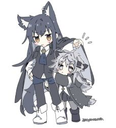 Rule 34 | 2girls, animal ears, arknights, ascot, black coat, black dress, black footwear, black pantyhose, black vest, blue ascot, blue shorts, blush stickers, boots, chibi, coat, coat on shoulders, collared shirt, dress, ear piercing, extra ears, grey eyes, grey hair, grey pantyhose, hand on own hip, height difference, highres, lappland (arknights), lappland (refined horrormare) (arknights), looking at viewer, messy hair, multiple girls, naguru (cyoroama), official alternate costume, pantyhose, pantyhose under shorts, piercing, scar, scar across eye, shirt, shorts, sweatdrop, tail, texas (arknights), texas the omertosa (arknights), vest, white footwear, white shirt, wolf ears, wolf girl, wolf tail, yellow eyes