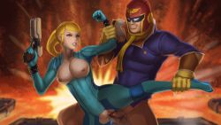 Rule 34 | 1boy, 1girl, adapted costume, blonde hair, blue eyes, bodysuit, bottomless, breasts, captain falcon, collarbone, crossover, crotch cutout, f-zero, gradient background, gun, helmet, leg hold, mask, metroid, nesoun, nintendo, nipples, open mouth, parted lips, penis, ponytail, pussy, pussy juice, samus aran, super smash bros., sweat, teeth, testicles, uncensored, vaginal, weapon, zero suit