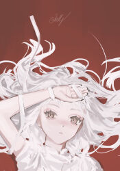 Rule 34 | 1girl, absurdres, black nails, brown eyes, closed mouth, eyelashes, highres, k1llg, long hair, looking at viewer, nail polish, original, red background, ribbon, short sleeves, simple background, solo, twitter username, upper body, white hair, white ribbon