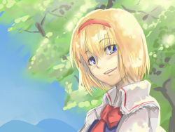 Rule 34 | 1girl, :d, alice margatroid, aryus, bad id, bad pixiv id, blonde hair, blue eyes, blush, bob cut, bow, bowtie, collar, dappled sunlight, day, female focus, hairband, looking at viewer, necktie, open mouth, parted lips, plant, portrait, red necktie, ribbon-trimmed clothes, ribbon trim, short hair, sketch, smile, solo, sunlight, touhou, tree
