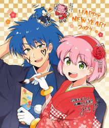 Rule 34 | 1boy, 1girl, 2024, amy rose, arm behind head, blue hair, flower, gloves, green eyes, hand fan, happy new year, highres, holding, holding fan, humanization, japanese clothes, kimono, looking at viewer, miisa shion, new year, open mouth, pink hair, red flower, red rose, rose, smile, sonic (series), sonic the hedgehog, teeth, upper teeth only, white gloves