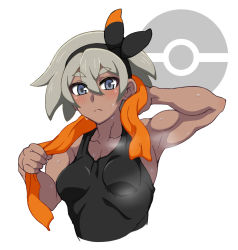 Rule 34 | 1girl, bare arms, bea (pokemon), biceps, black bodysuit, black hairband, blush, bodysuit, bow hairband, breasts, closed mouth, commentary request, creatures (company), dark-skinned female, dark skin, frown, game freak, grey eyes, grey hair, hair between eyes, hairband, holding, holding towel, looking at viewer, mantan, muscular, muscular female, nintendo, poke ball symbol, pokemon, pokemon swsh, short hair, solo, steam, sweat, towel, towel around neck, upper body