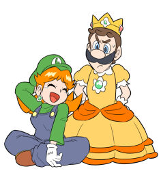 1boy 1girl blue_eyes blue_overalls brown_hair closed_eyes cosplay costume_switch crown dress earrings facial_hair flower_earrings gloves green_shirt jewelry junnosu long_hair luigi luigi_(cosplay) mario_(series) mustache nintendo open_mouth orange_dress overalls princess_daisy princess_daisy_(cosplay) puffy_short_sleeves puffy_sleeves shirt short_sleeves simple_background sitting smile sweatdrop white_background white_gloves