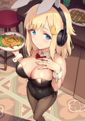 Rule 34 | animal ears, bird hair ornament, black leotard, blonde hair, blue eyes, bow, bowtie, breasts, cleavage, covered navel, detached collar, fake animal ears, fishnet pantyhose, fishnets, food, hair ornament, hand on own chest, haoni, headphones, highres, holding, holding plate, large breasts, leotard, looking at viewer, meat, pantyhose, plate, playboy bunny, rabbit ears, red bow, red bowtie, short hair, smile, standing, you can eat the girl