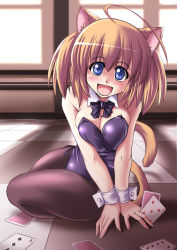 Rule 34 | 1girl, animal ears, blonde hair, blue eyes, bow, bowtie, breasts, card, cat ears, cat tail, cleavage, collar, holding, holding card, kittysuit, nontraditional playboy bunny, original, pantyhose, playing card, pudding (tonpuu), short hair, solo, tail, tonpuu, wrist cuffs