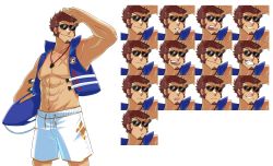 Rule 34 | 1boy, :o, abs, absurdres, alternate costume, bare pectorals, blue eyes, blush, brown hair, closed eyes, closed mouth, cropped jacket, cross scar, embarrassed, expressions, facial hair, fate/grand order, fate (series), feet out of frame, goatee, highres, holding, holding surfboard, long sideburns, looking at viewer, male focus, male swimwear, muscular, muscular male, napoleon bonaparte (fate), navel, nipples, no nipples, one eye closed, pectorals, salute, scar, scar on chest, short hair, sideburns, sleeveless, smile, smug, stomach, surfboard, swim trunks, vincent-san, white background, white male swimwear