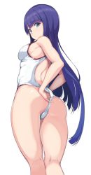 Rule 34 | 1girl, adjusting clothes, adjusting swimsuit, alp, ass, blue eyes, breasts, competition swimsuit, fate/grand order, fate (series), from below, kneepits, long hair, looking back, martha (fate), medium breasts, one-piece swimsuit, pinky out, purple hair, sideboob, simple background, solo, swimsuit, very long hair, white background, white one-piece swimsuit