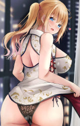Rule 34 | 1girl, absurdres, ass, bare arms, bare shoulders, black panties, blonde hair, blue eyes, blurry, blurry background, breasts, china dress, chinese clothes, clothes lift, dress, dress lift, from behind, heart, highres, large breasts, long hair, looking at viewer, looking back, original, panties, parted lips, side-tie panties, smile, tikuwanwa, twintails, underwear