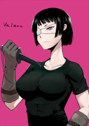 Rule 34 | 1girl, animenokuni, black hair, blue eyes, breasts, eyepatch, frown, gloves, jormungand (manga), knife, large breasts, reverse grip, shirt, sofia valmer, solo, taut clothes, taut shirt, weapon