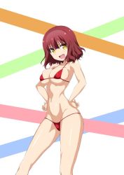 Rule 34 | 10s, 1girl, anne happy, bikini, bnc (bunshi), breasts, female focus, hagyuu hibiki, hands on own hips, large breasts, looking at viewer, micro bikini, navel, open mouth, red bikini, red hair, short hair, simple background, smile, solo, standing, swimsuit, yellow eyes