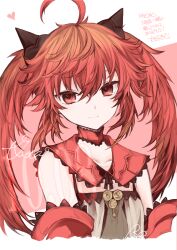 Rule 34 | 1girl, ahoge, character name, choker, closed mouth, detached sleeves, dress, etoryoku, fake horns, fate/grand order, fate/grand order arcade, fate (series), frilled choker, frills, hair between eyes, heart, horns, long hair, looking at viewer, red eyes, red hair, simple background, sita (fate), smile, solo, twintails