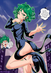 Rule 34 | 1girl, absurdres, ahoge, ass, black dress, blue sky, breasts, building, closed mouth, cloud, curly hair, day, dress, elpipe 3000, english text, green eyes, green hair, heart, high heels, highres, long sleeves, looking at viewer, medium breasts, one-punch man, open hand, open mouth, outdoors, short hair, side slit, sky, smile, soles, speech bubble, standing, standing on one leg, surprised, talking on phone, tatsumaki, thighs, tight clothes, tight dress, v-shaped eyebrows