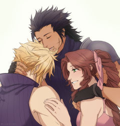 Rule 34 | 1girl, 2boys, aerith gainsborough, arm around shoulder, armor, black hair, blonde hair, blue shirt, braid, braided ponytail, brown hair, closed eyes, cloud strife, dress, facial scar, final fantasy, final fantasy vii, final fantasy vii remake, fingerless gloves, gloves, green eyes, hair ribbon, hand on another&#039;s arm, hand on another&#039;s neck, highres, multiple boys, open mouth, parted bangs, pink dress, ribbon, ruebird, ruebirds, scar, scar on cheek, scar on face, shirt, shoulder armor, sideburns, sidelocks, sleeveless, sleeveless turtleneck, smile, spiked hair, turtleneck, upper body, wavy hair, white background, zack fair