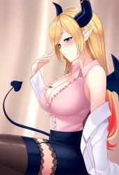 Rule 34 | 1girl, absurdres, aqua eyes, bat tattoo, blonde hair, breast tattoo, breasts, cleavage, demon girl, demon horns, demon tail, demon wings, from behind, hand up, highres, hololive, horns, indoors, lab coat, large breasts, long hair, parted lips, pointy ears, simple background, solo, sweat, tail, tattoo, thighhighs, thighs, toniwing, very long hair, virtual youtuber, wings, yuzuki choco, yuzuki choco (1st costume)