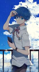 Rule 34 | 1boy, ahoge, amamine shu, artist name, blue eyes, blue hair, blue sky, breast pocket, cellphone, cloud, collared shirt, highres, holding, holding phone, idolmaster, idolmaster side-m, idolmaster side-m growing stars, kame (unaikodori), male focus, neck ribbon, phone, pocket, ribbon, school uniform, shirt, short sleeves, sky, smile, solo, watch, white shirt