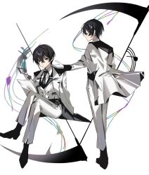 Rule 34 | 2boys, black hair, black necktie, collared shirt, crossed legs, e.g.o (project moon), formal, from behind, full body, highres, holding, holding scythe, invisible chair, jacket, limbus company, mu46016419, multiple boys, musical note, necktie, pants, project moon, scythe, shirt, simple background, sinclair (project moon), sitting, standing, suit, the silent orchestra, white background, white jacket, white pants, white shirt, white suit, yi sang (project moon)